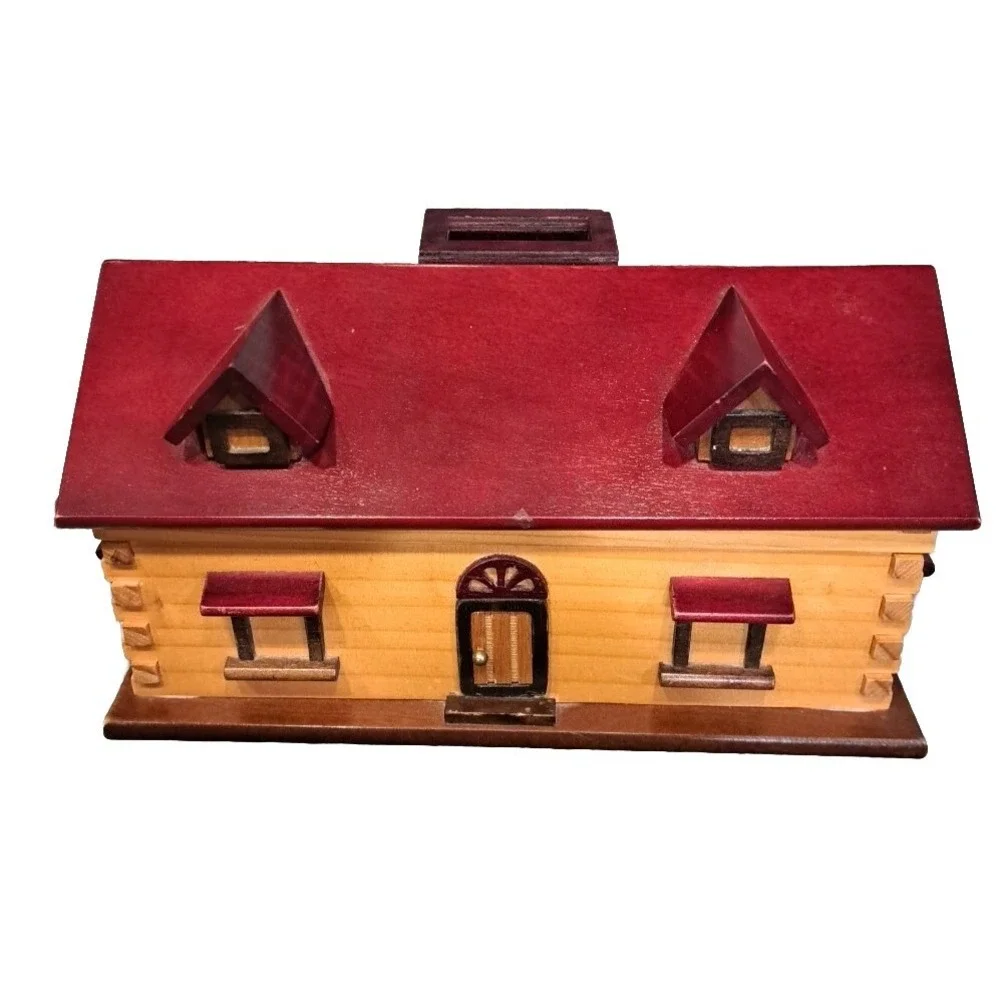 VTG Large Hand Crafted Log Cabin Storage Box 12in X 6 1/2in X 6in